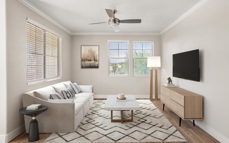 a living room with a white couch and a tv